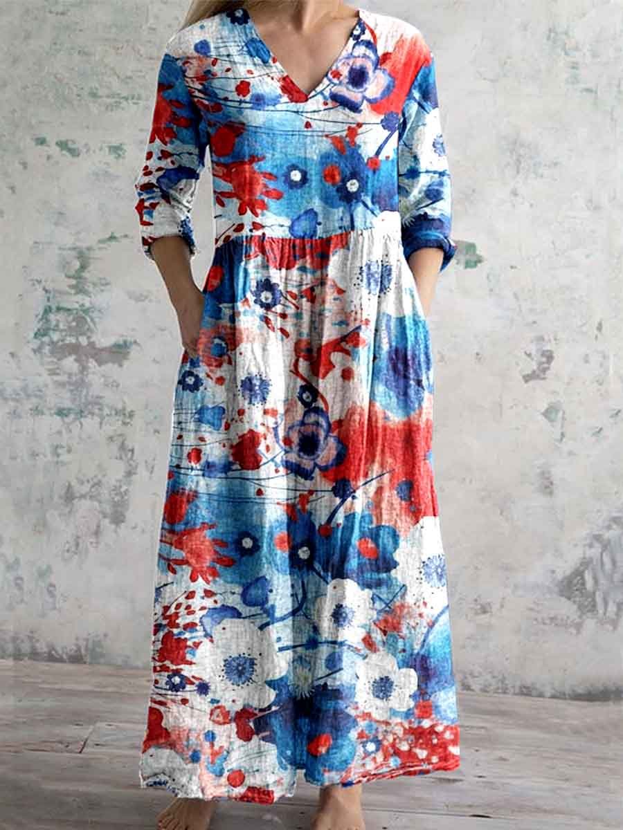 Women's Independence Day Tricolor Floral V-Neck Cotton Dress with Pockets