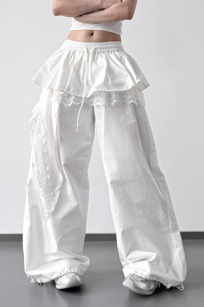 Lace Skirt Hem Trim Wide Leg Pants
