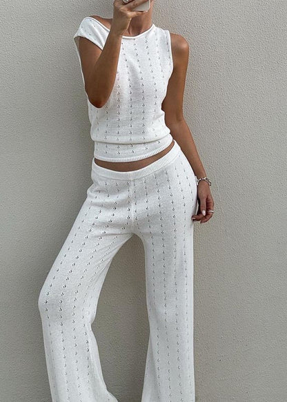 White Hollow Out Flatering Knit Vests and Straight Pants Two Piece Set Sleeveless
