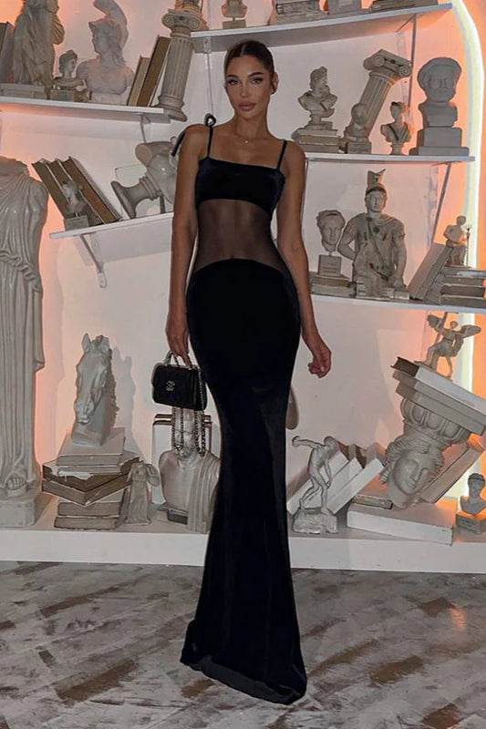 V-neck Sheer Mesh Cami Bodycon Maxi Dress