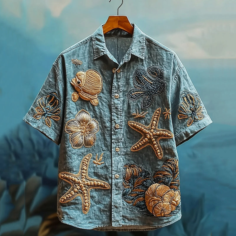 Men's Embroidered Marine Life Pattern Linen Shirt elevenforest