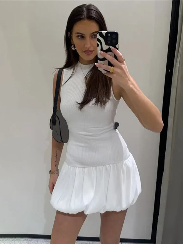 Fantoye Patchwork Backless Pleated Dress Pink Sleeveless Round Neck Mini Dress Summer Slim Outdoor