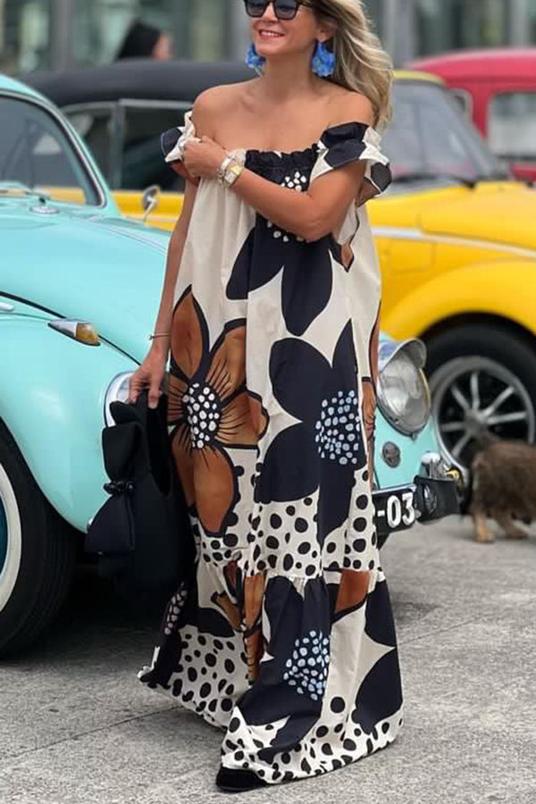 Bloom Season Linen Blend Printed Off Shoulder Pocketed A-line Maxi Dress