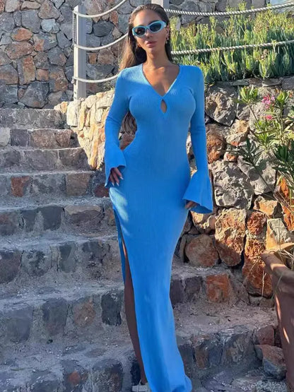 Knitted Sweater V-neck Tight Knitted Long Autumn/winter Split Dress Elasticity Party Evening Dress