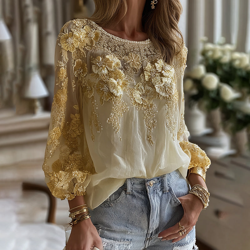 Women's Classic Bohemian Yellow Floral And Gold Roses Embroidery Art  Linen Blend Round Neck T-shirt elevenforest