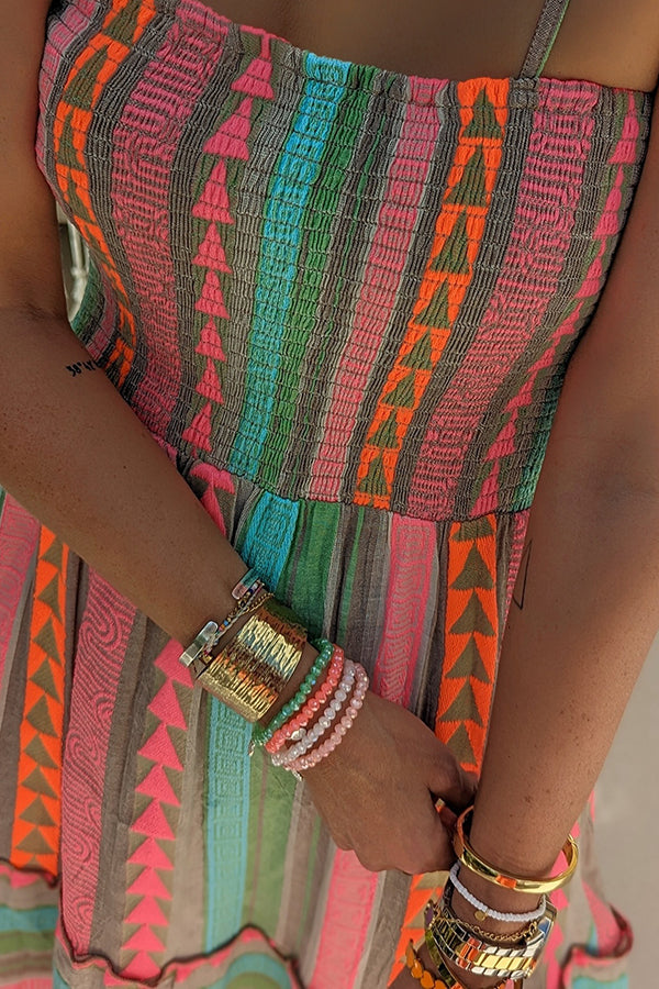 Plenty of Sunshine Linen Blend Print Smocked Cami Midi Dress