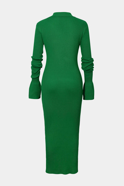 Color Shell Sleeve Ribbed Buttons Down Maxi Dress