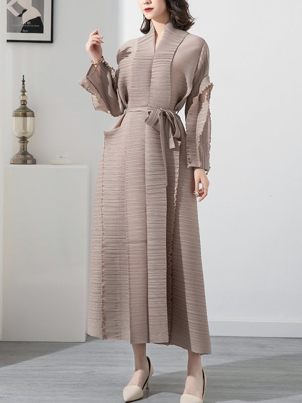 Long Sleeves Loose Tied Pleated Stand Collar Midi Dresses