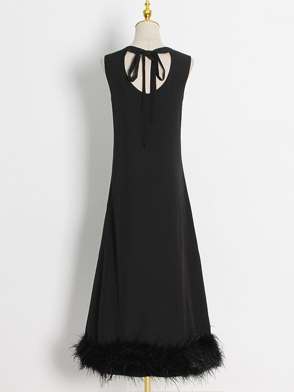 Simple Sleeveless Loose Feathers Color Midi Dresses