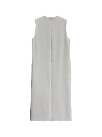 High Waisted Loose Pockets Color Split-back Zipper Round-neck Midi Dresses