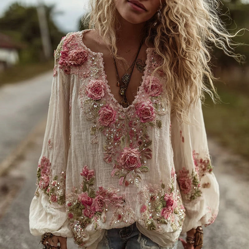 Women's Vintage Rose Floral Embroidery Art Comfy Linen Shirts elevenforest
