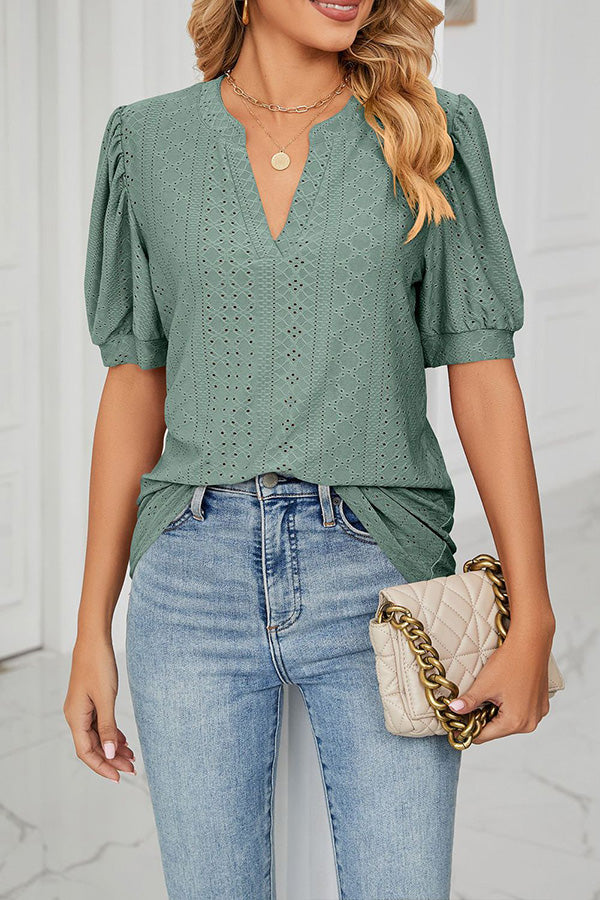 V-neck Color Hollow Puff Sleeve Loose T-shirt Top