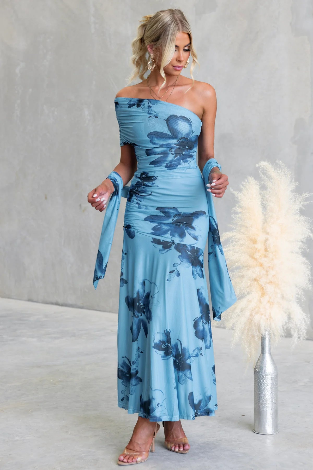 Print One-shoulder Ruched Maxi Dress