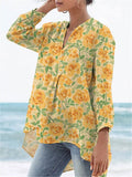 Women's Vintage Lovely Floral Art Print Casual Linen V-neck Shirt