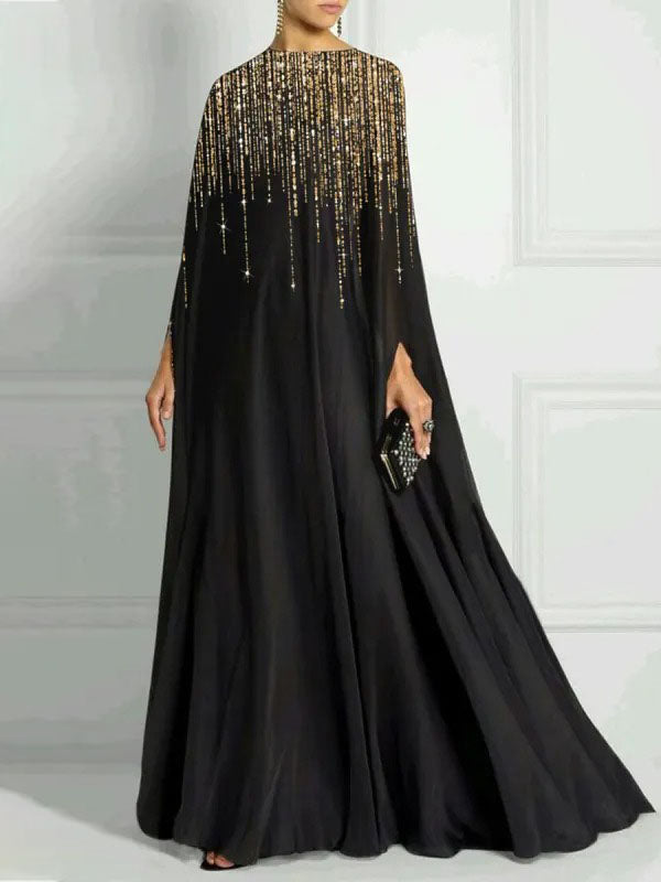 Long Sleeves Loose Rhinestone Round-neck Maxi Dresses