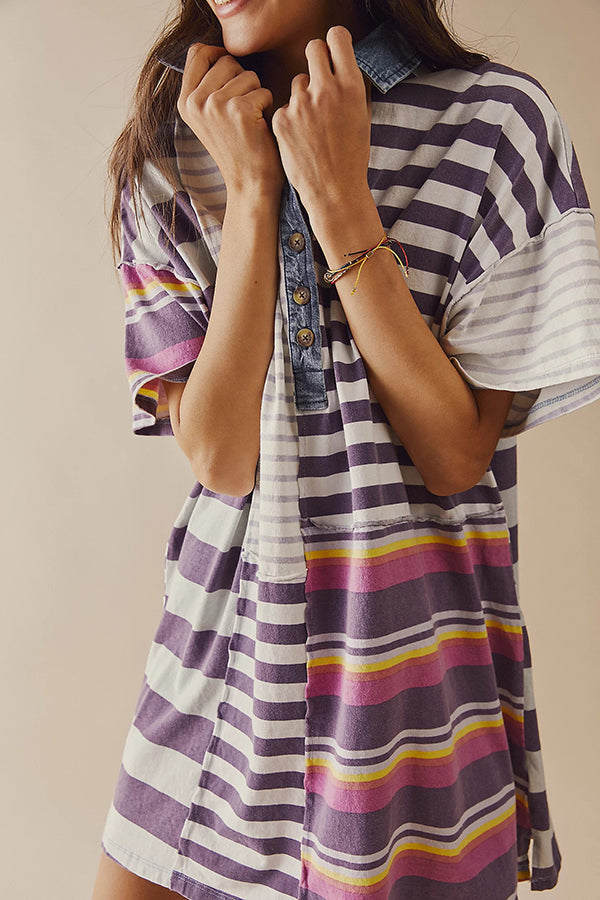 Contrast Striped Patchwork Denim Lapel Loose Mini Dress