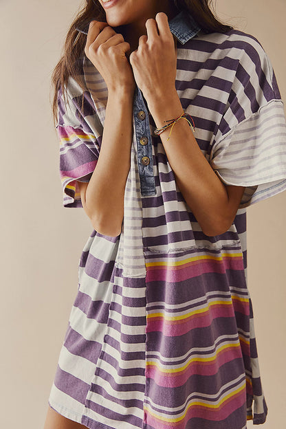 Contrast Striped Patchwork Denim Lapel Loose Mini Dress
