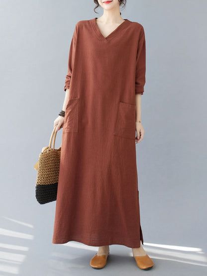 A-line Long Sleeves Pockets Color Split-side V-neck Maxi Dresses