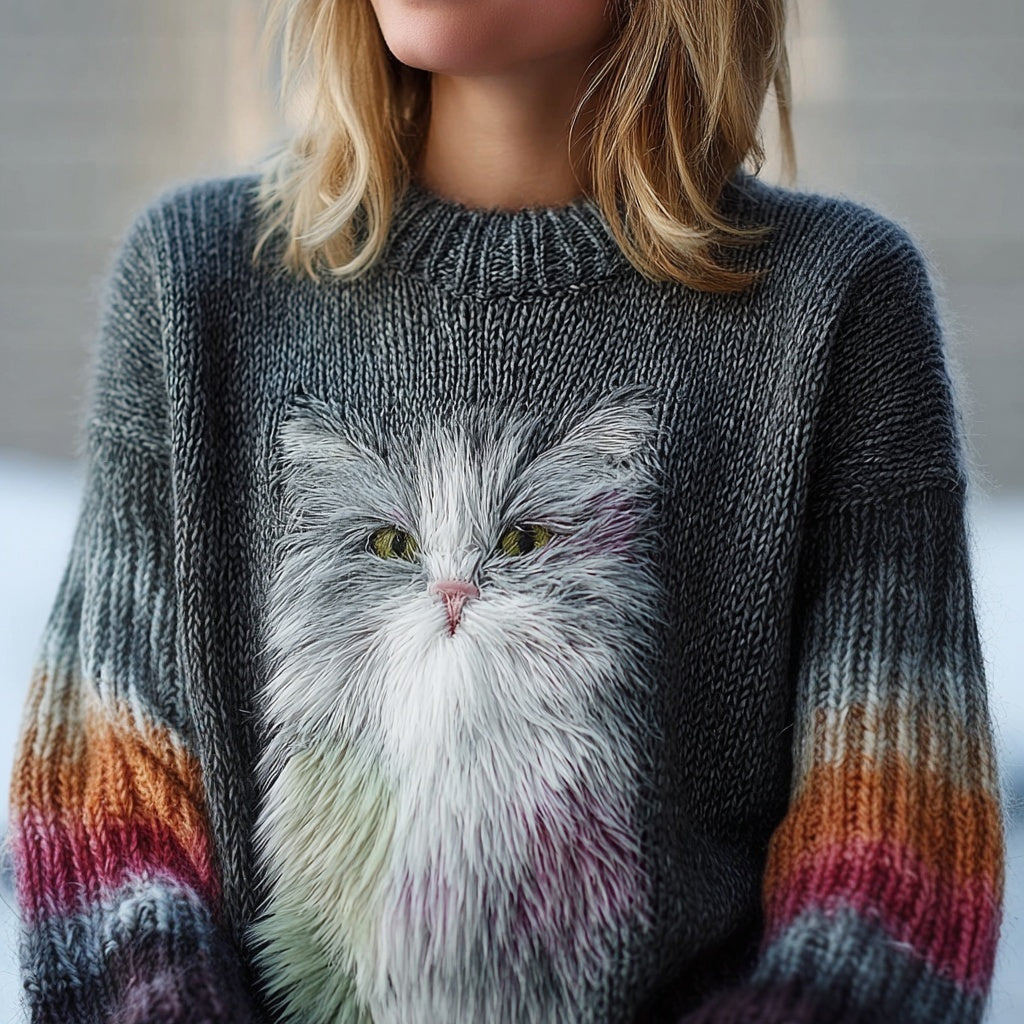 Cute Fuzzy Cat Embroidered Crew Neck Cozy Sweater elevenforest