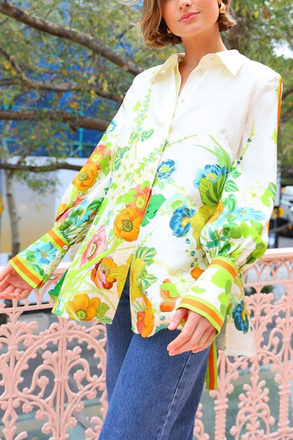 Antibes Satin Print Back Tie-up Button Down Oversized Blouse