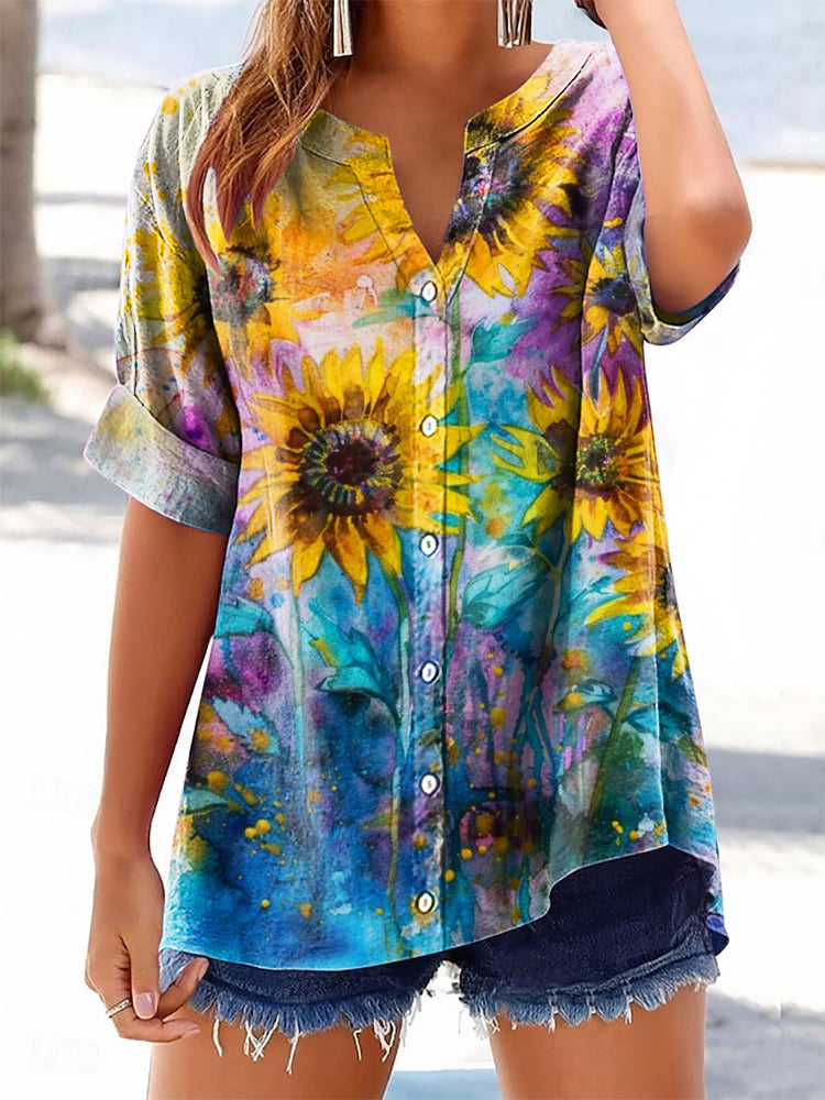 Women's Colorful Daisy Floral Art Print Casual Cotton And Linen Shirt
