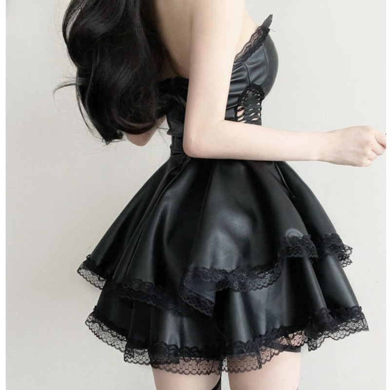 French Gothic Punk Black Party Dress Y2k Sweet Slim Fit Summer Chest Wrap Mini Dress