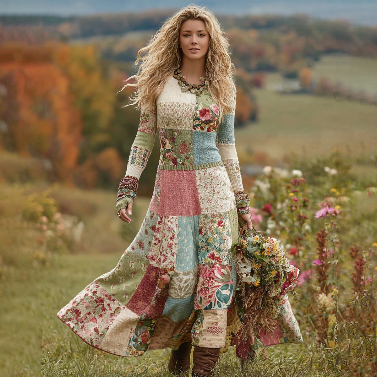 Comstylish Women's Vintage Patchwork Floral Art Cozy Knit Maxi Sweater Dress