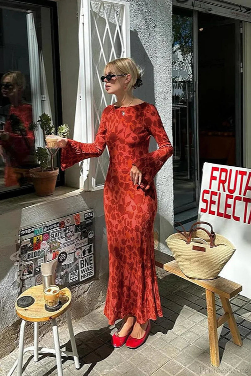 Print Fitted Crew Neck Maxi Dress