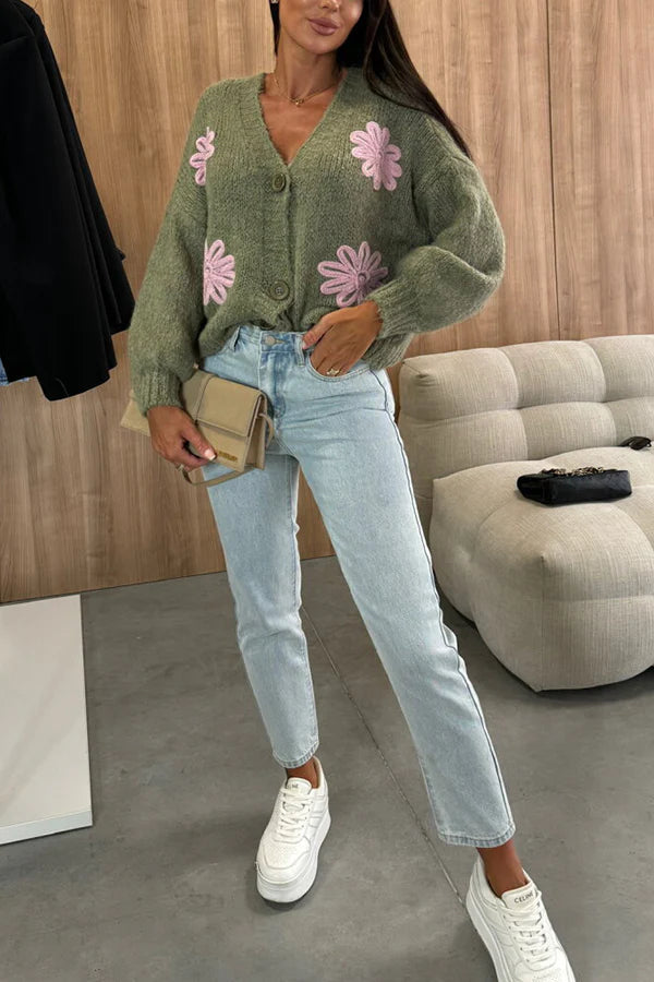 Embroidered V-neck Long-sleeved Button-knit Cardigan