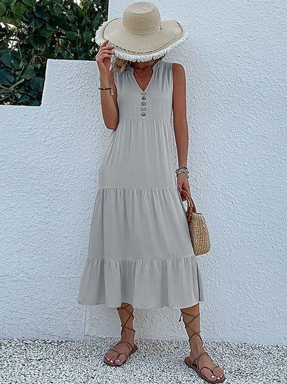 Loose Sleeveless Pleated Split-joint V-neck Midi Dresses