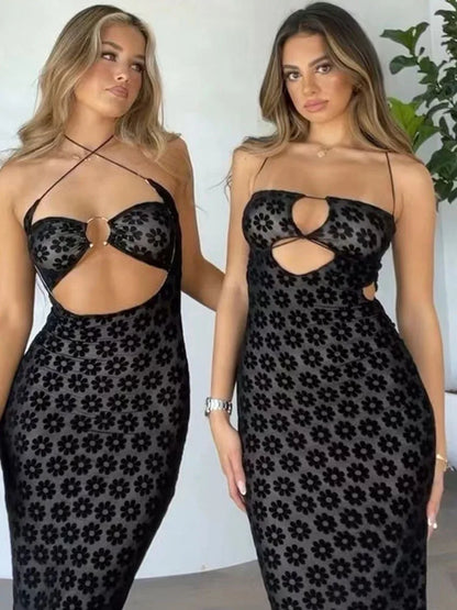 Color Hanging Neck Maxi Dress Hollow Perspective Bag Hips Robe Female Street Dresses Clothing