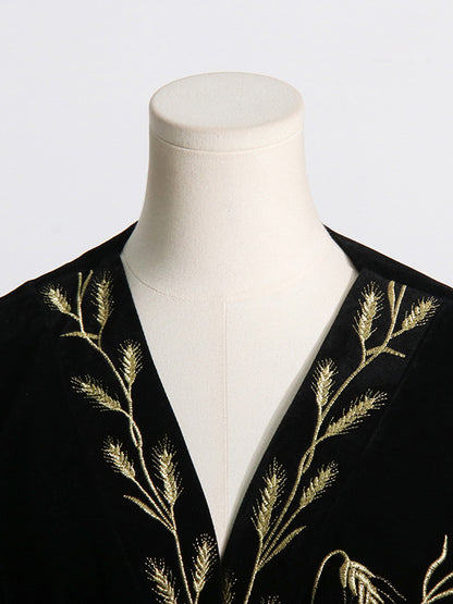 Loose Puff Sleeves Embroidered Tied Waist V-neck Mini Dresses