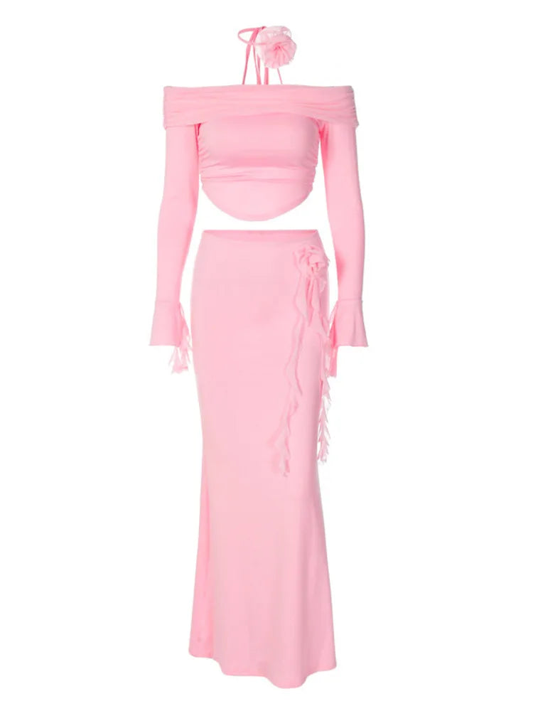 Winter New Long Sleeved Half Skirt Set for Woman 3d Flower Slim Tight Long Skirt Party Evening Dress Two Piece Set