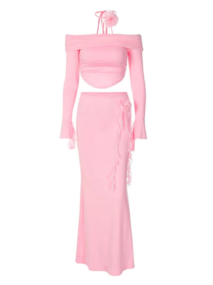 Winter New Long Sleeved Half Skirt Set for Woman 3d Flower Slim Tight Long Skirt Party Evening Dress Two Piece Set