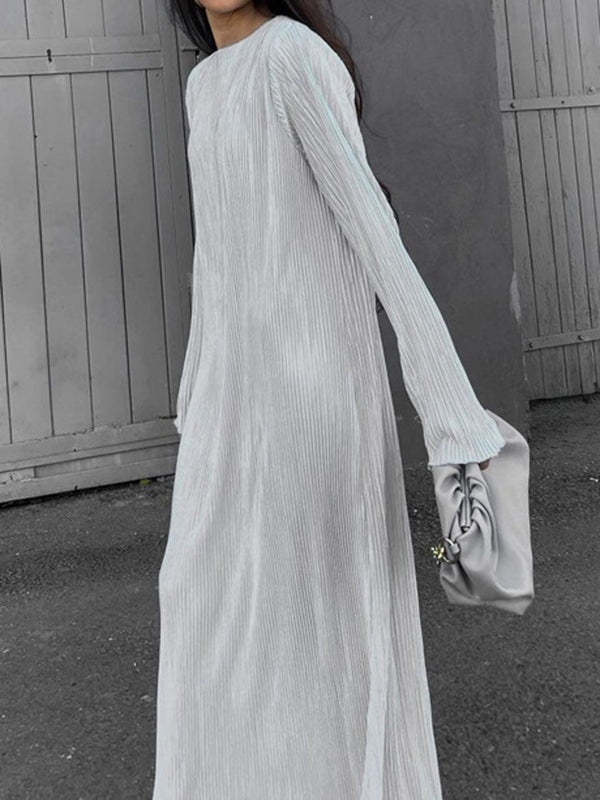 Long Sleeves Loose Pleated Color Round-neck Maxi Dresses