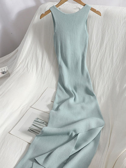 Bodycon Sleeveless Bowknot Hollow Color Midi Dresses