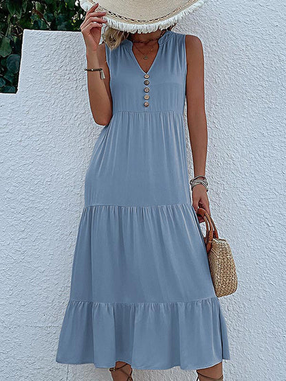 Loose Sleeveless Pleated Split-joint V-neck Midi Dresses