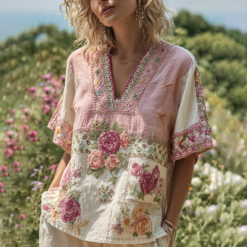Women's Bohemian Contrast Patchwork Floral V-neck T-shirt elevenforest