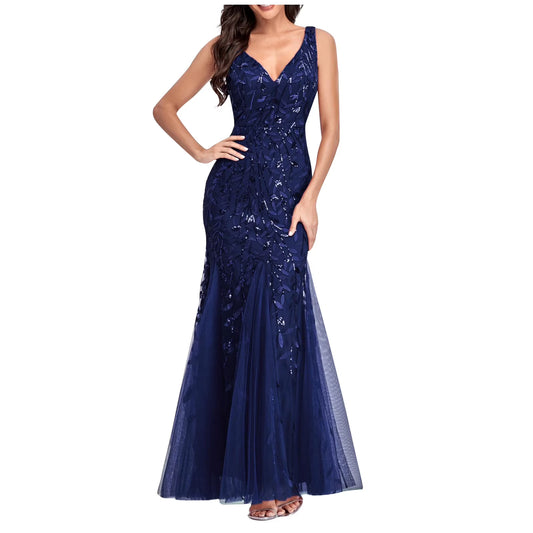 Long Ball Gowns for Sparkly Formal Chiffon Sequin Dress V Neck Prom Maxi Dress Bodycon Mermaid Evening Gowns