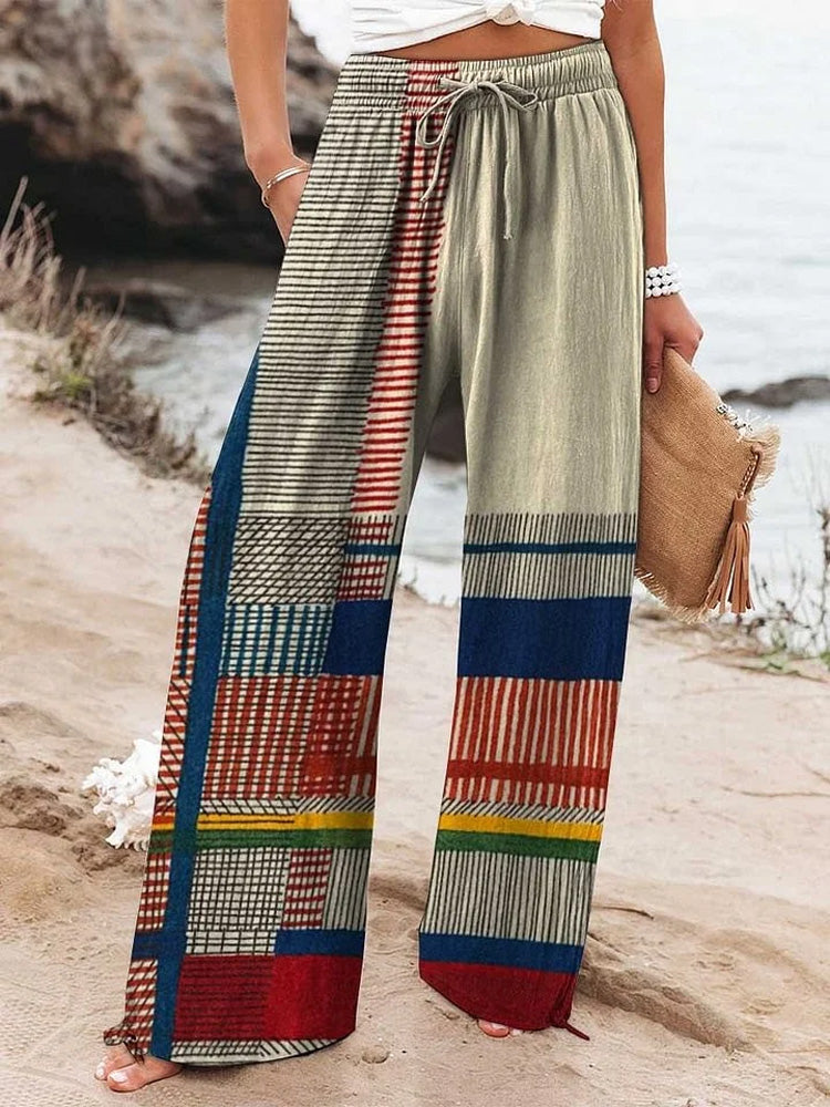Women's Vintage Geometric Line Art Print Cotton Pants elevenforest
