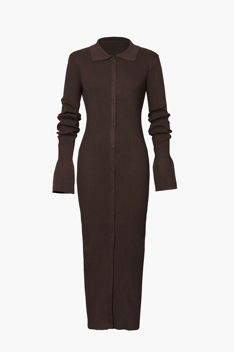 Color Shell Sleeve Ribbed Buttons Down Maxi Dress