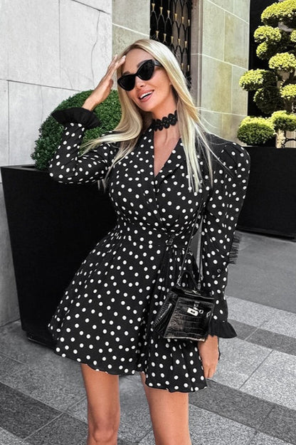 Polka Dot V-neck Puff Sleeve A-line Mini Dress