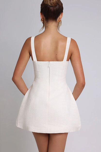 Tweed Square Neck Open Back Slim Pocket Mini Dress