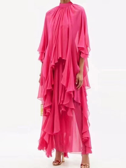 Loose Raglan Sleeve Color Tiered Stand Collar Maxi Dresses