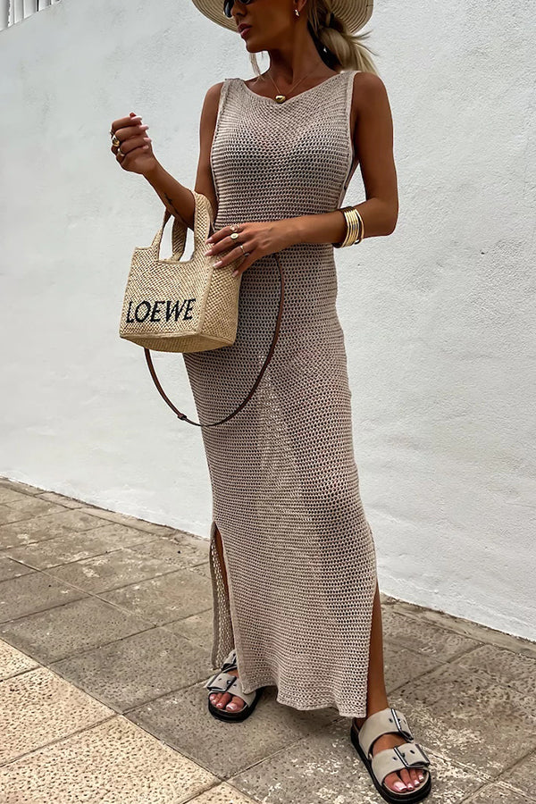Color Knitted Cutout Slit Slim Fit Maxi Dress