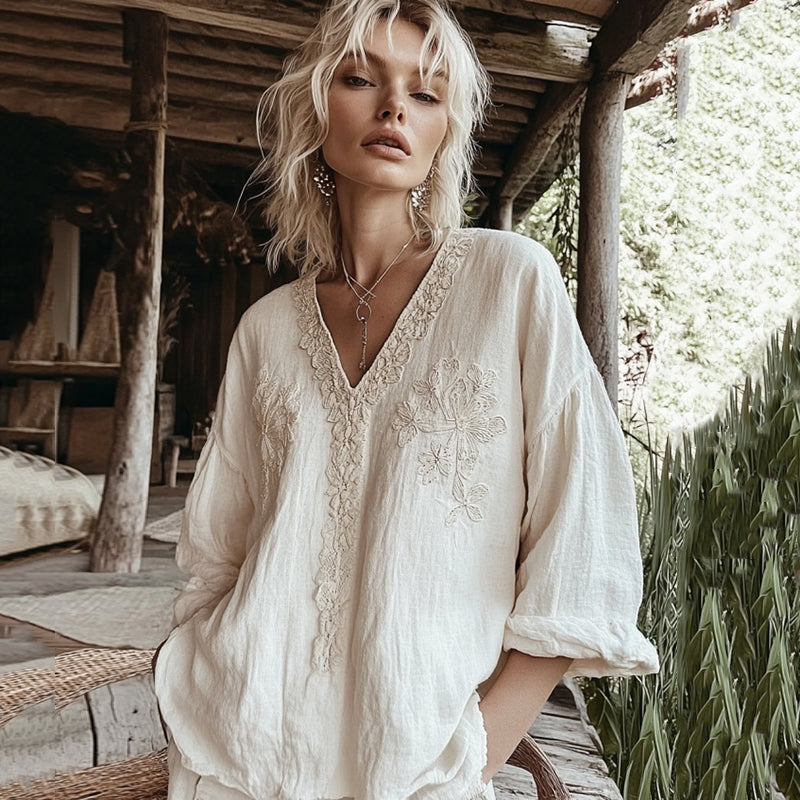 Vintage Floral Embroidered Art V Neck Cotton Linen Shirt elevenforest