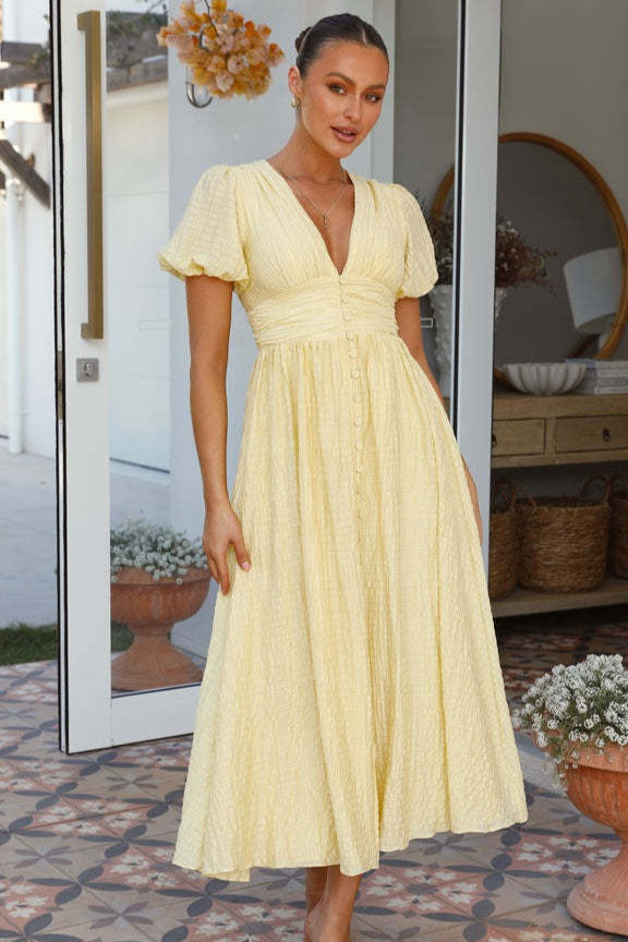 V Neck Puff Sleeve Flared Midi Dress
