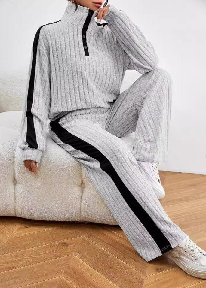 Effortless Luxe - Ribbed Knit Pullover and Wide-leg Pants Set