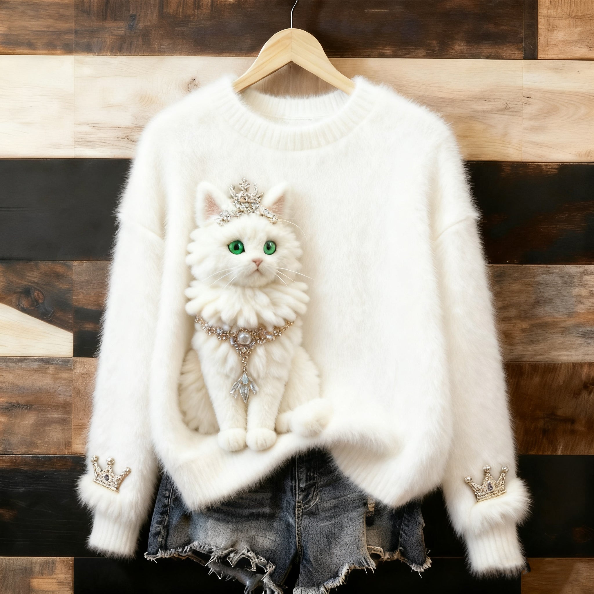 Comstylish Cute Fluffy Cat Pattern Thick Pullover Sweater