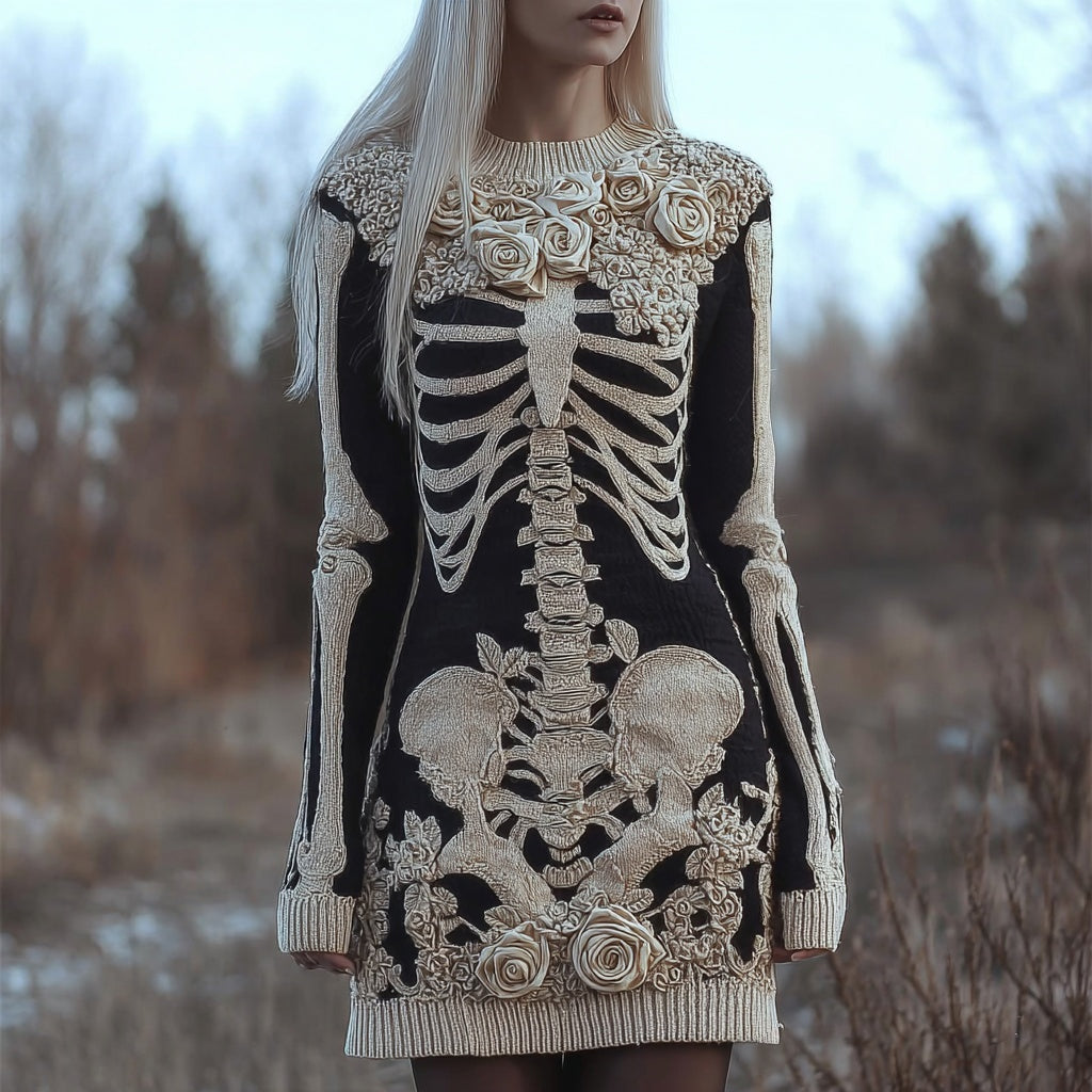 Comstylish Vintage Skeleton White Roses Contrast Cozy Knit Sweater Dress